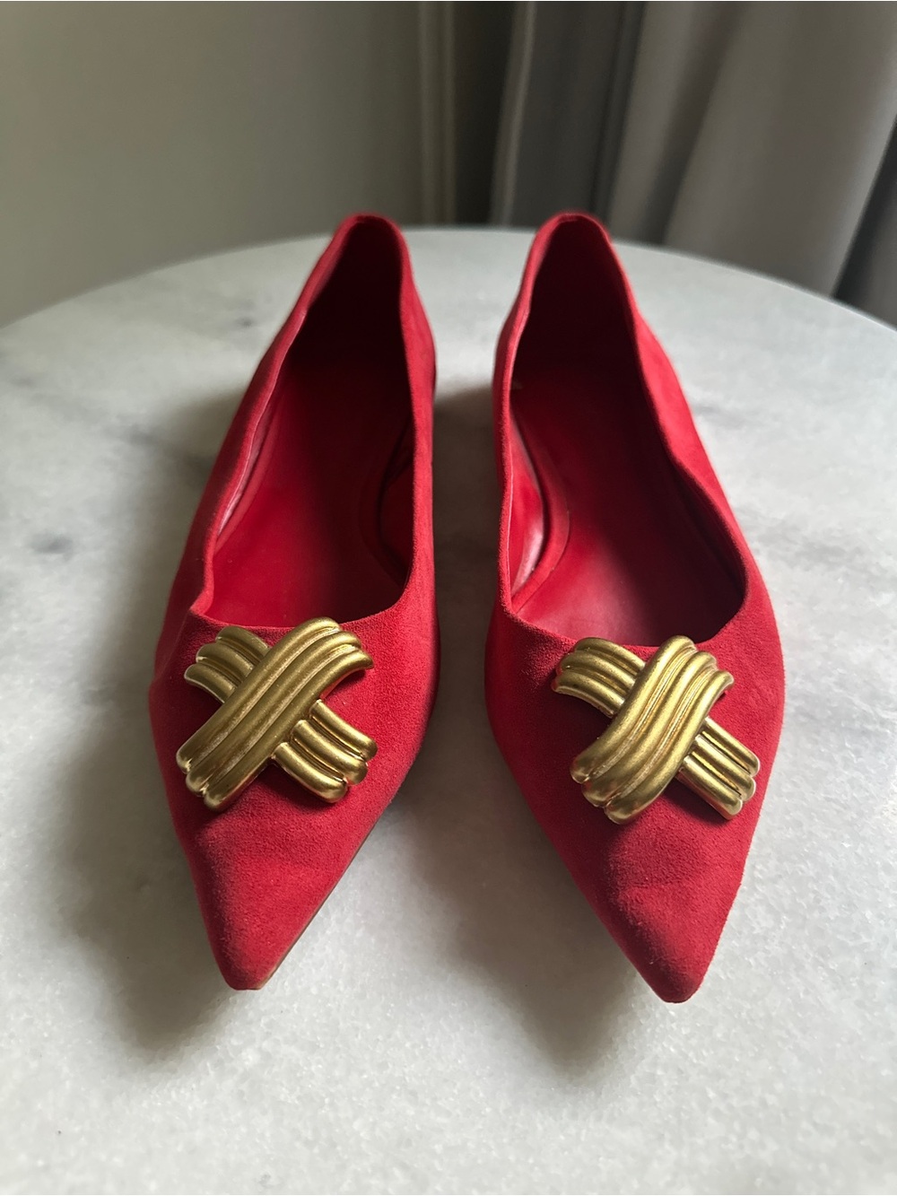 Mango Red Suede Pointed-Toe Flats with Gold Knot Accent